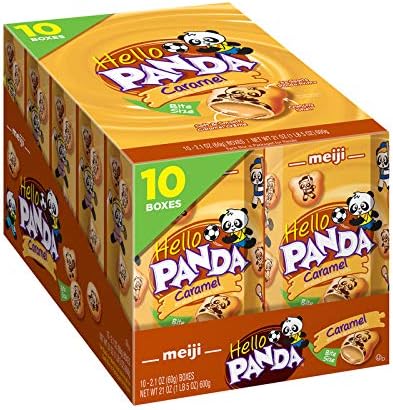 Meiji Hello Panda Cookies, Caramel Crème Filled - 2.1 oz, Pack of 10 - Bite Sized Cookies with Fun Panda Sports