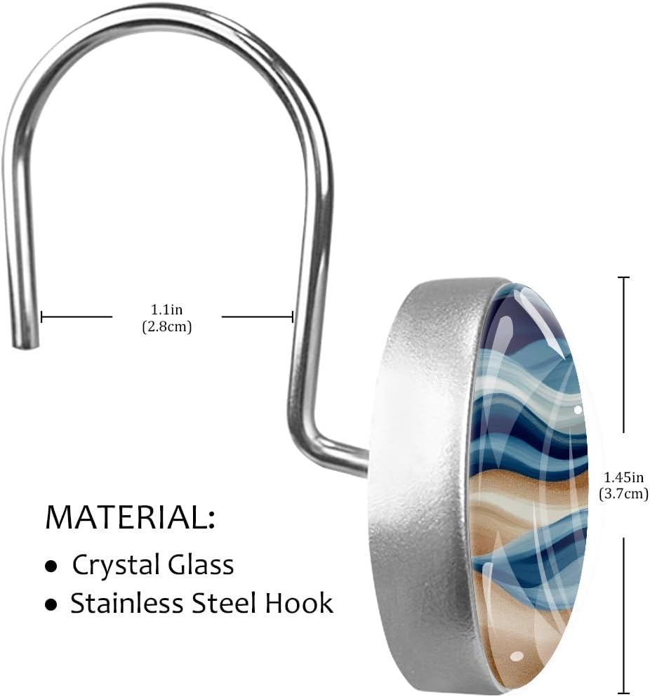 12 Pcs Shower Curtain Hooks, Blue Golden Wave Marble Rustproof Decorative Metal Round Shower Curtain Hangers Rings for Bathroom Bedroom Living Room Rods