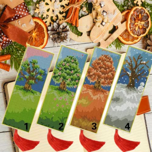 4Packs Diy Blank Canvas Bookmarks Season Trees Counted Cross Stitch Kits For Adult Kids Beginner Embroidery Crafts Needlework Bookmark For Student Gift 20X6Cm #TOP1