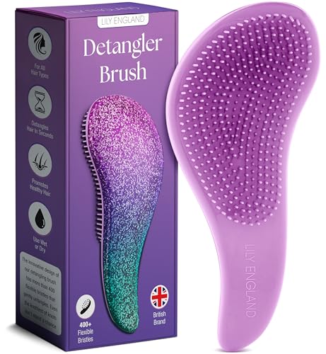 Image of Lily England Detangler Hair Brush for Curly, Thick, Straight & Natural Hair - Gentle Detangling Brush for Women, Kids & Toddlers with Flexible Bristles - Smooth Hairbrush for Wet & Dry Hair, Purple