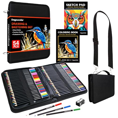 DagouColor Matita Colorate Borsa di a Spalla, 52 Matite Kit Disegno, Schizzi Set con 3-colore Sketchbook, Libro Colorare, Forniture D'arte per Artisti Principianti Professionisti Disegno Media