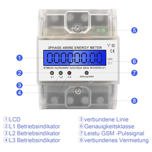 LCD Digitaler Stromzähler, Stromzähler 3-Phasen 4-Draht, Geeicht Drehstromzähler 230 / 400V, Drehstromzähler Hutschiene