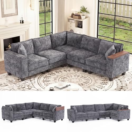 Image of 97 inch L Shaped Sectional Couch, Comfy Chenille Sectional Couch, Modular Convertible V Shaped Couch, 5 Seat Corner Sofa with 2 Pillows & Storage Armrests for Living Room, Grey