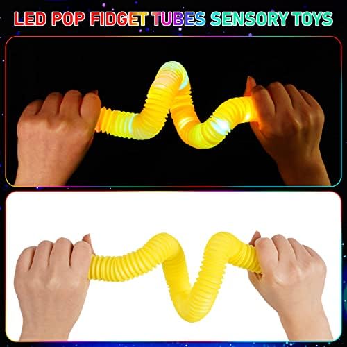 SCIONE 6 Pack Light Up Pop Tubes Fidget Toy Sensory Tubes Fine Motor Skills Toddler Toys LED Pop Glow Sticks Party Favours Glow in The Dark Party Supplies Stocking Stuffer for Kids Gift