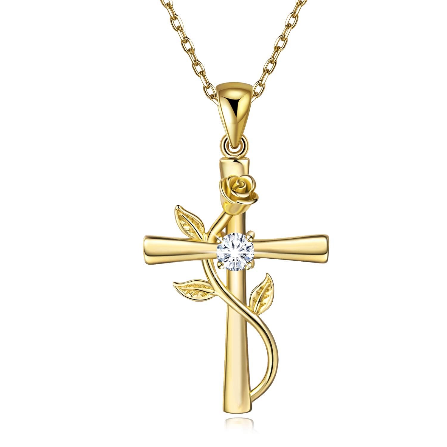 BlingGem Cross Necklace for Women Sterling Silver Cross Necklaces Pendant White/Rose/Gold Plated Cubic Zirconia Flower Necklace Gifts for Women