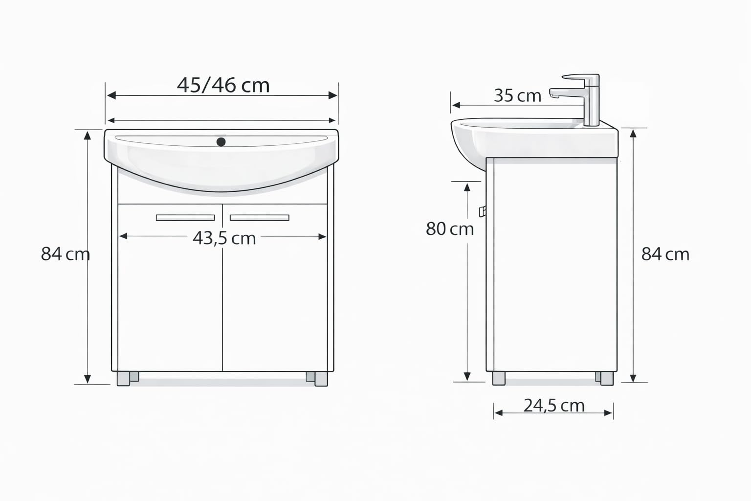 DomoDomo Szafka Łazienkowa z Umywalką 45 cm Biała Połysk – Zestaw z Baterią Chrom, Syfonem i Korkiem Klik-Klak, Stojąca 84x45 cm, Ceramiczna Umywalka