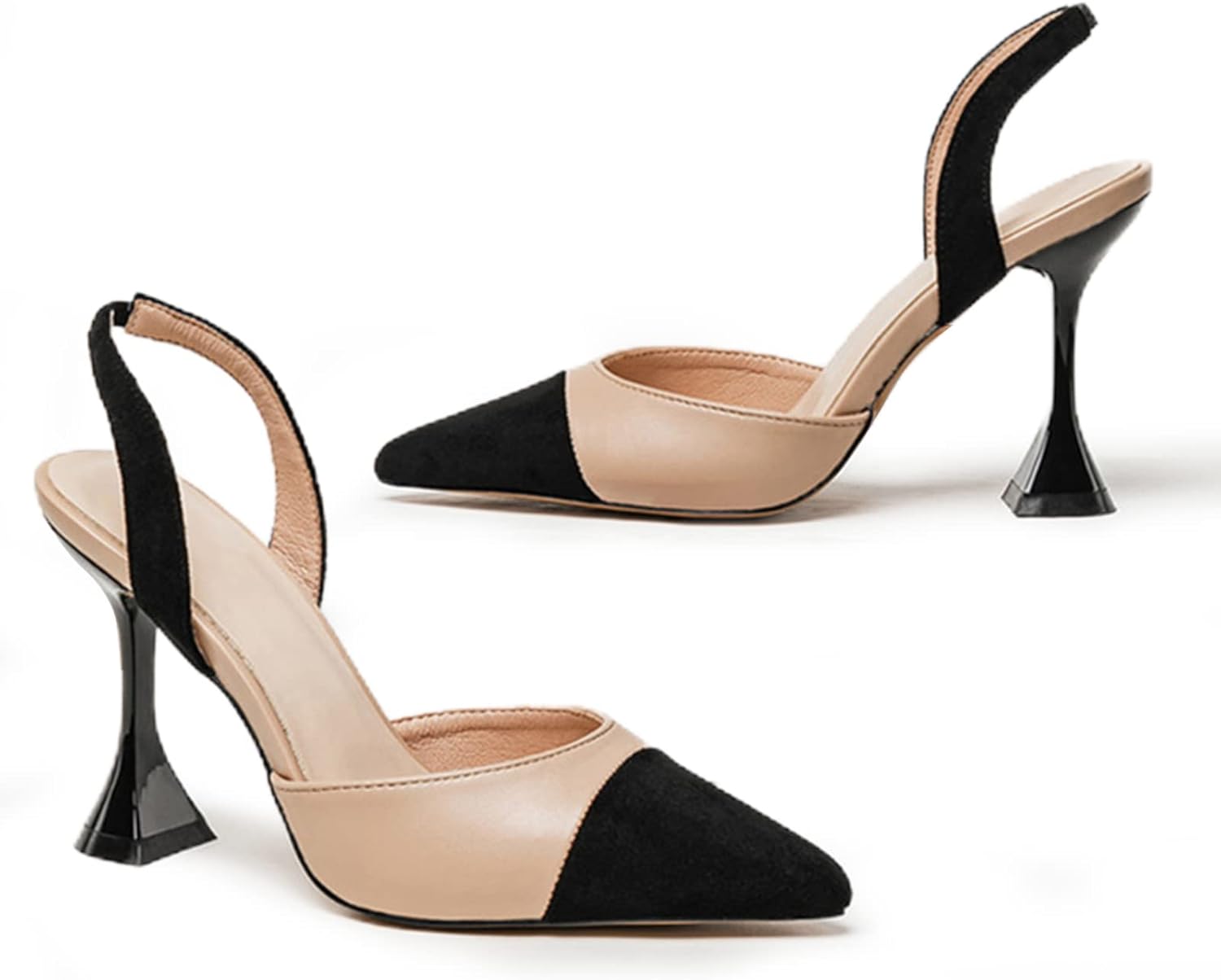 Coutgo Women's Slingback Pumps Pointed Toe Slip On Stiletto Heels Patchwork Dress Party Shoes
