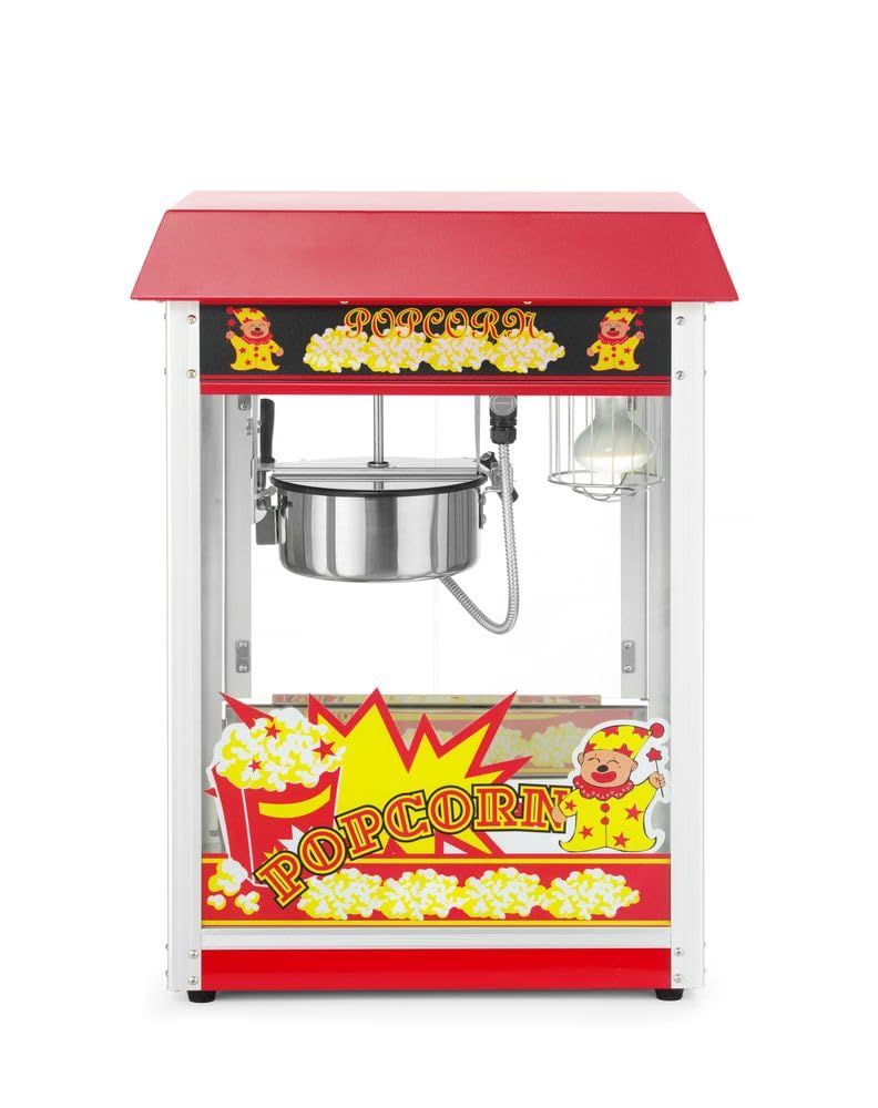 HENDI Popcornmaschine, mit Schaufel, Heizpfanne mit Rührwerk, beleuchteter Innenraum, Popcorn Maker, Warmhaltevitrine, 230V/1155W, 560x420x(H)760mm, Edelstahl, Aluminium, Glas, rot