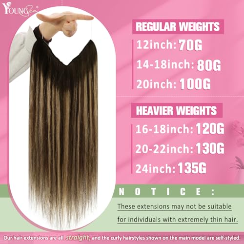 Image of YoungSee 135G Balayage Wire Hair Extensions Real Human Hair, Chocolate Brown Balayage Caramel Blonde, Wire Hair Extensions Brown, 22Inch Long Straight Remy Hair Fish Line Extension