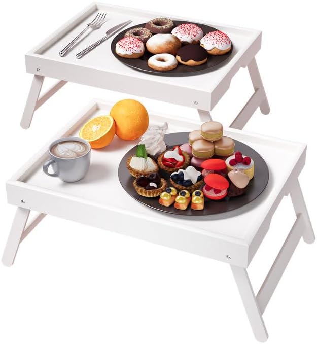 2 Pack Bamboo Bed Tray Table with Folding Legs,Breakfast Trays,Serving Tray for Food and Snack,Laptop Trays for Working(White) 2 PC White