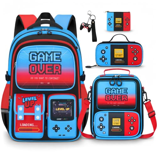 SZWNHS Boys Backpack with Lunch Box Set 4 PCS Gamer School Bookbag for Boys Red Blue Gaming Elementary Backpack Large Laptop Backpack for Kids & Teens