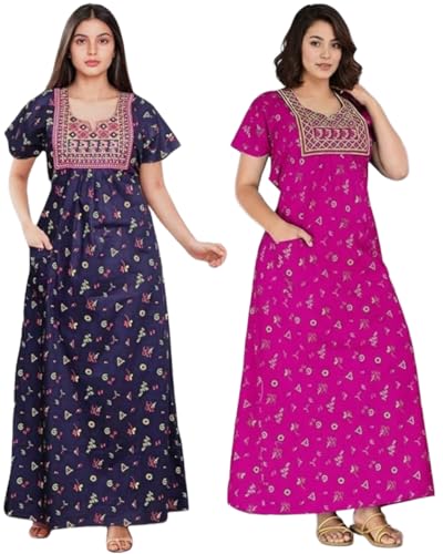 Image of Women's Cotton Jaipuri Nighty Gown - Pack of 2 Rajasthani Print Maxi Night Dress with Pocket - Soft & Comfortable Ladies Sleepwear & Loungewear
