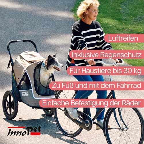 Hundebuggy und Fahrradanhänger für Hunde - Innopet Sporty Evolution Latte 2-in-1 - Beige/Grau - Reflektoren & Sicherheitsleinen - Hundewagen für alle Untergründe