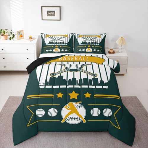 Erosebridal Baseball Comforter Set for Kids Boys Girls Oakland Bedding Baseball City Duvet Set Seasonal Color Sport Game Comforter King with 2 Pillowcases