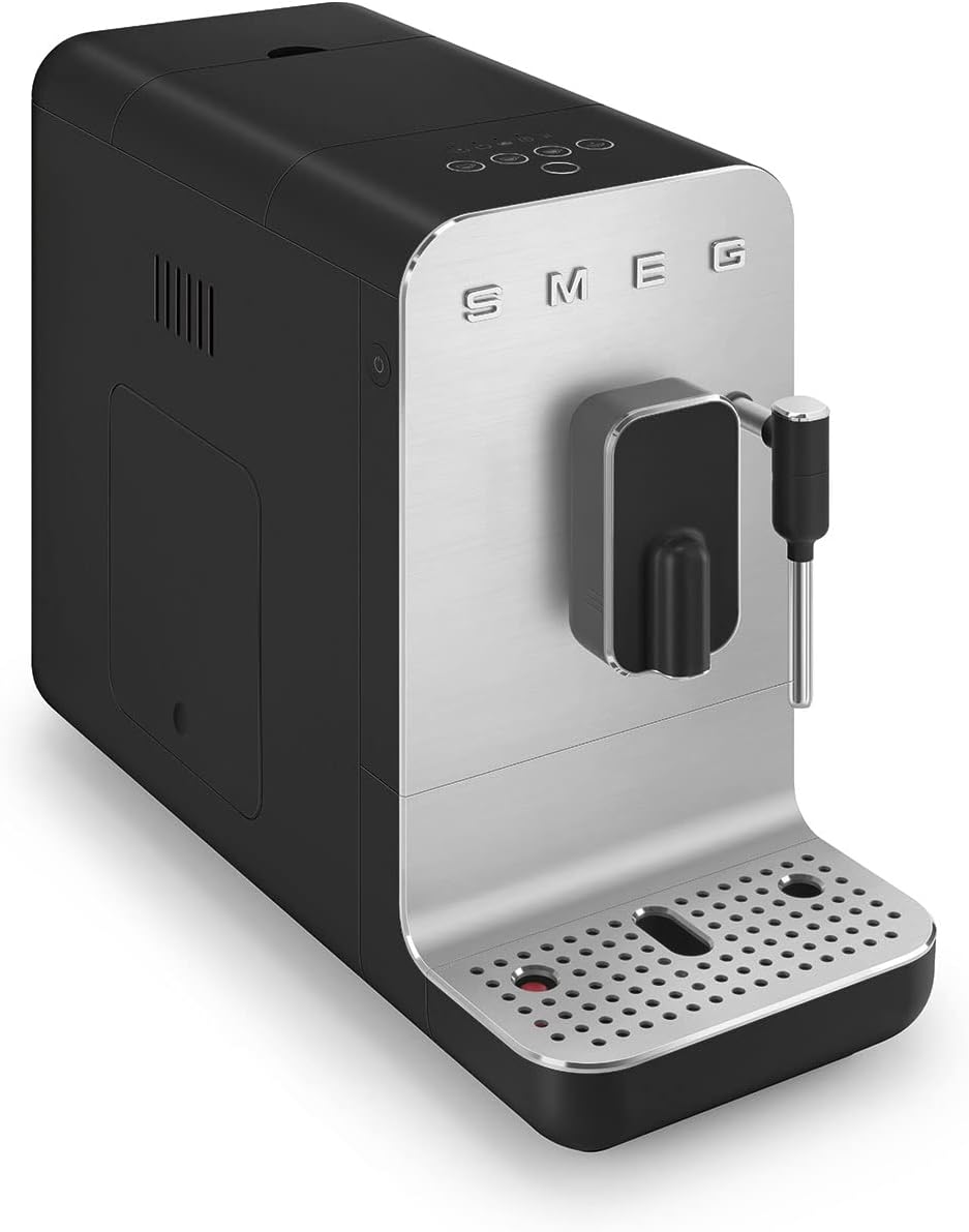 Side view of the Smeg coffee machine, showing its compact design.