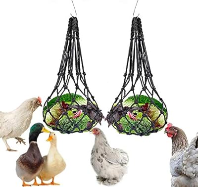 LeerKing Chicken Vegetable Bag Fruit Treat Snack Holder Hanging Feeder Coop Feeding Tool for Hens Goose Duck Large Birds, 2 pcs Net Bags