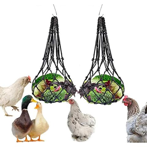 LeerKing Chicken Vegetable Bag Fruit Treat Snack Holder Hanging Feeder Coop Feeding Tool for Hens Goose Duck Large Birds, 2 pcs Net Bags Cover