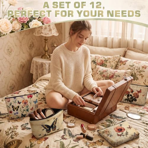 Sweetude 12 Pcs Vintage Butterfly Makeup Bag Bulk Retro Butterfly Flower Travel Cosmetic Bag with Zipper Waterproof Roomy Travel Toiletry Organizer Storage Pouch for Women Butterflies Lover Gift - Image 6