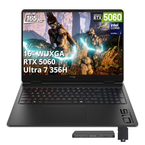 Image of HP HyperX OMEN 16 inch 165Hz WUXGA Gaming Laptop, Intel Core Ultra 7 356H, GeForce RTX 5060, 32GB DDR5, 2TB Storage(1TB SSD+1TB Docking Station), RGB Backlit Keyboard, Wi-Fi 7, Win 11, Shadow Black