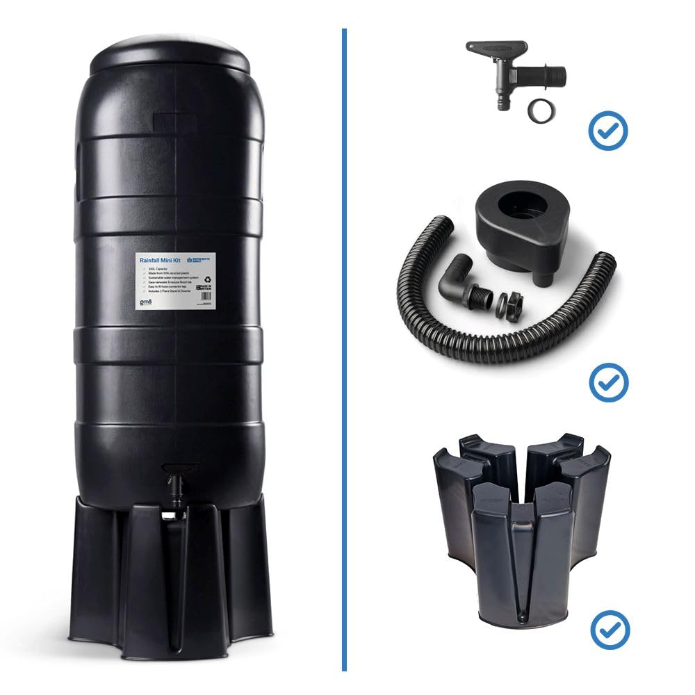 100L Slimline Black Rainfall Mini Water Butt Kit – Space Saving Rainwater Water Butt Complete with Stand, Lid, Hose Connect Tap & Rain Diverter for Garden Water Storage – UK DESIGNED AND MANUFACTURED