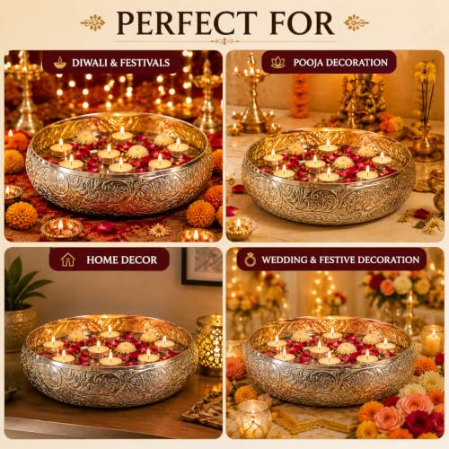 Image of TIED RIBBONS Urli Bowl (Aluminium, 9.8 Inch X 3.4 Inch) - Home Decoration Items for Ganesh Chaturthi Living Room Pooja Room Uruli Bowls Aesthetic Decorative Items for Home Decor - House Warming Gifts