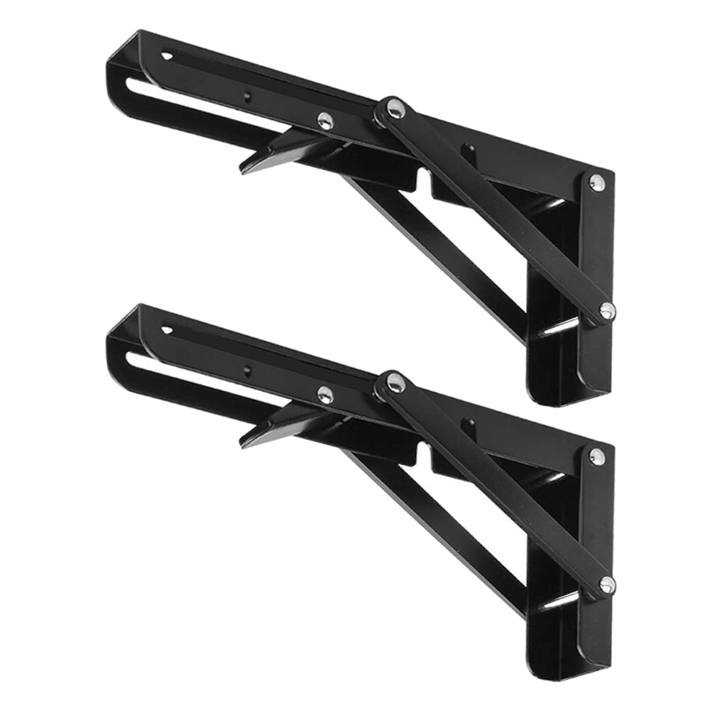 CEEYSEE 2 Pcs Folding Shelf Brackets 8 Inch Heavy Duty Metal DIY Triangle Wall Mount Collapsible Shelf Bracket for Tables Benches Shelves Space Saving (Black 8 Inch)