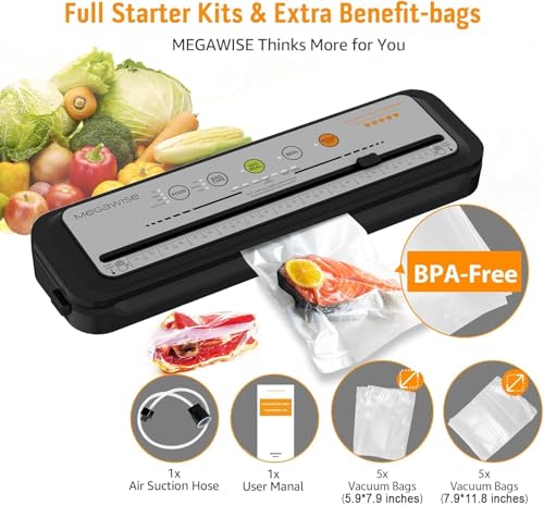 Image of MegaWise Vacuum Sealer Machine, 80kPa Powerful Suction, One-Touch Automatic Food Sealer with Built-in Cutter & Bags Included, Dry Moist Modes for All Saving needs