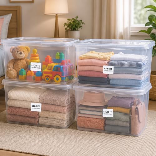 Image of Storite 4 Pcs 45L Plastic Storage Box with Lid-Stackable Organizer Box | Storage Box for Clothes, Kids Toys, Kitchen - Plastic Storage Container Basket for Home, Office, Bathroom(Transparent)