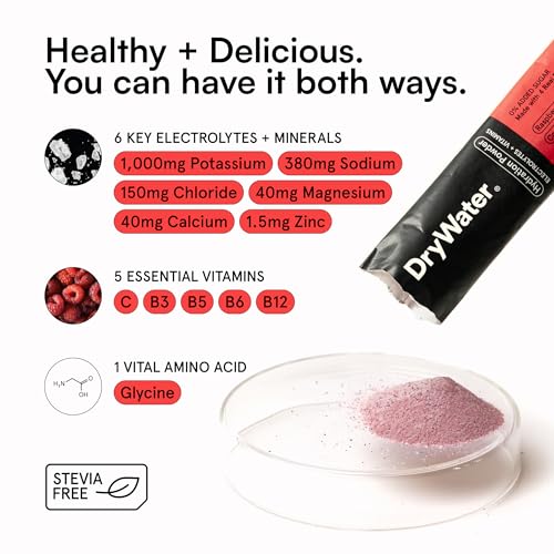 Image of DryWater Electrolyte + Vitamin Hydration Powder Packets, Raspberry Lemon (Stevia-Free), 1,000mg Potassium, Real Organic Fruit, NSF Certified Sport, Nothing Artificial, No Added Sugar (12 Stick Packs)