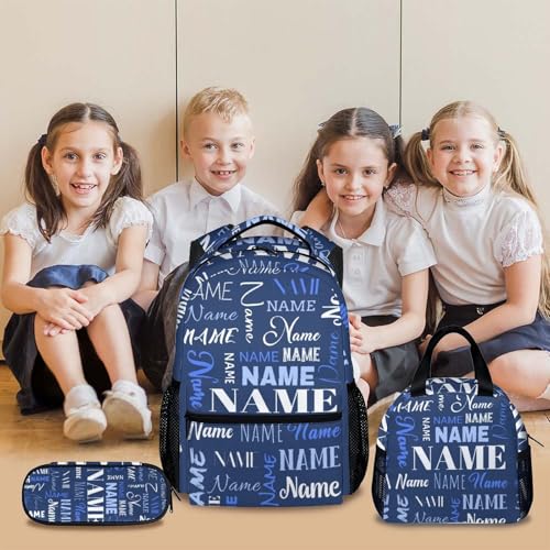 Custom Backpack with Lunch Box Pencil Case with Name, Personalized Kids School Backpack for Boys Girls, Dark Blue 17 Inch Customized Large Capacity Bookbag for Students Children2