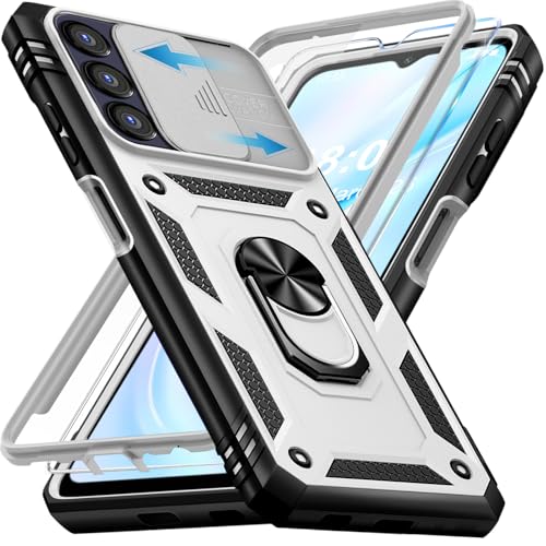 Giyer Panzerhülle für Samsung Galaxy A16 5G Hülle mit Schutzfolie, Handyhülle A16 5G Hülle mit Kameraschutz 360° Metall Ring Ständer, Stoßfest Schutzhülle für Samsung A16 5G Cover Tasche (Weiß)