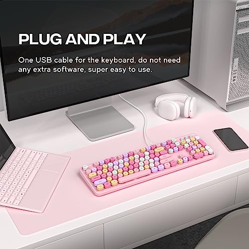 Image of Dilter Wired Keyboard, 104 Keys Full-Sized Typewriter Keyboards, USB Plug and Play Office Keyboard with Number Pad, Caps Indicators, Foldable Stands for Windows, PC, Laptop, Desktop (Pink Colorful)
