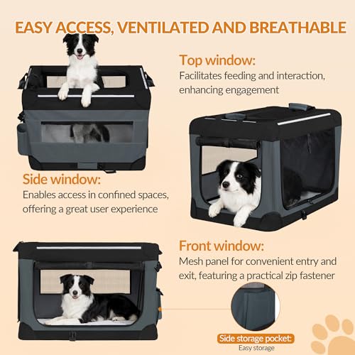 Fobyfurny Hundebox Faltbar, 3-Türiger Transportbox Hund, 60 x 42 x 42 cm, Tragbare Hundetasche mit Reflektierenden Streifen und Taschen, Oxford-Gewebe, Die Matte ist Abnehmbar, Grau, FPDT005OG1