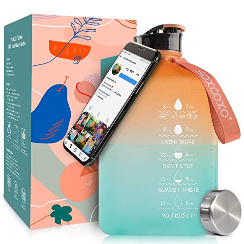 SOCOO Gallon Water Bottle 2.7Litre Square Water Jug with Time Marker BPA Free Jug with a Magnetic Phone Holder Leak Proof Reusable Big Water Bottle for Men Women Fitness Gym (91oz Gradient)