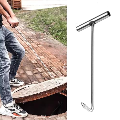Gancio per tombino in Acciaio per impieghi gravosi con Maniglia a T, attrezzo di Sollevamento da 68 cm per l'apertura e Lo Spostamento del Coperchio del tombino della fognatura, Chiave di pr