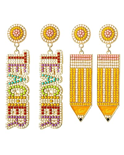 Teacher Gift Earrings for Women Rhinestone Beaded Dangle Drop Pencil FRIYAY Earrings Colorful Teacher Appreciation Gift Back To School Jewelry Set (2 Pair A)