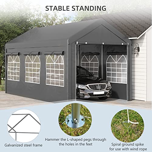 Outsunny 10' X 20' Party Tent & Carport, Height Adjustable Portable Garage, Outdoor Canopy Tent With Mesh Windows, Zippered Door, For Car, Truck, Boat, Motorcycle, Bike, Garden Tools, Dark Gray #TOP6