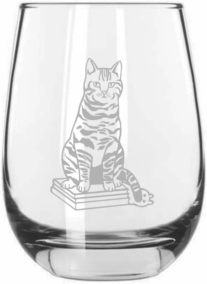Tabby (Sitting) Cat Themed Etched 15.25oz Stemless Wine Glass