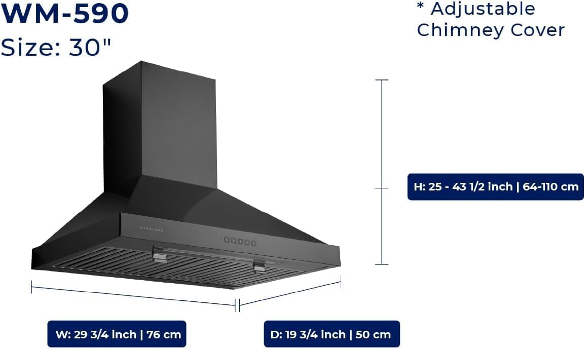Hauslane 30" Wall Mount Range Hood – Black Stainless Steel, Fingerprint-Resistant, 3-Speed Fan, LED Lighting, Dishwasher-Safe Baffle Filters, Ducted or Ductless Convertible, Easy Clean Design