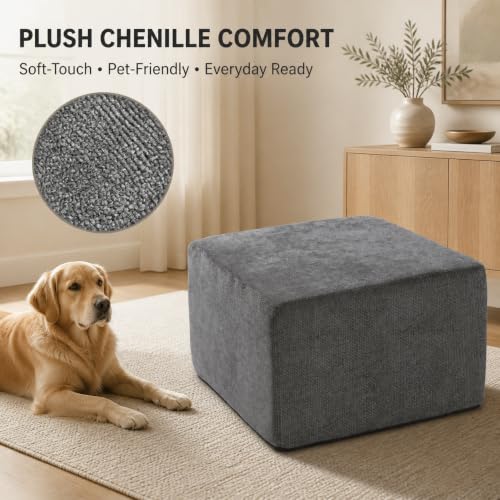 Image of MONVANE 27.5 inch Square Ottoman, Modular Foot Rest, Grey | Matches Modular Sectional Cloud Couch, Footstool for Living Room, No Assembly Required, High-density Resilient Foam