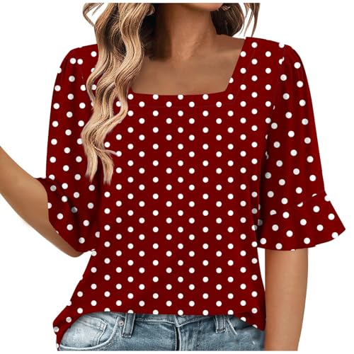 Camiseta Mujer Manga Corta Volante Camisa Casual Moda Verano Estampado de Lunares Elegante Cuello Cuadrado Suelto Túnica Tops Algodón Fiesta Tshirt Cómodo Blusa Oficina tee Camisetas 2025
