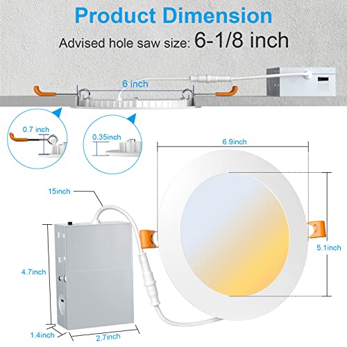 Miootly Recessed Lighting 6 Inch Ultra-Thin Led Ceiling Light Fixture With Metal Junction Box, 2700K/3000K/3500K/4000K/5000K Selectable, 12W 1050Lm, Dimmable - Sleek, Modern Design, 12-Pack #TOP4