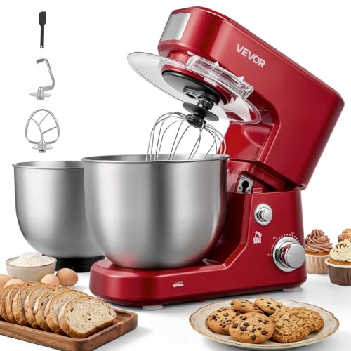 Image of VEVOR 5.3+4.2 Qt Tilt Head Stand Mixer 400W Electric Dough Mixer, 3 Speeds Food Kitchen Mixer with Stainless Steel Bowl, Splash Guard, Dough Hook, Whisk, Beater, for Baking Mixing Whipping