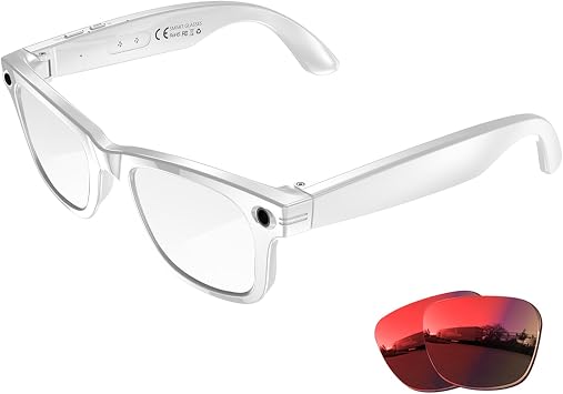 AI Smart Glasses with 8MP Camera, 1080P Video & HD Photo, Bluetooth Audio, AI Voice Assistant, Real-Time Translation, Object Recognition, Noise-Cancel Calls, Music,Photochromic +2 Red Lenses