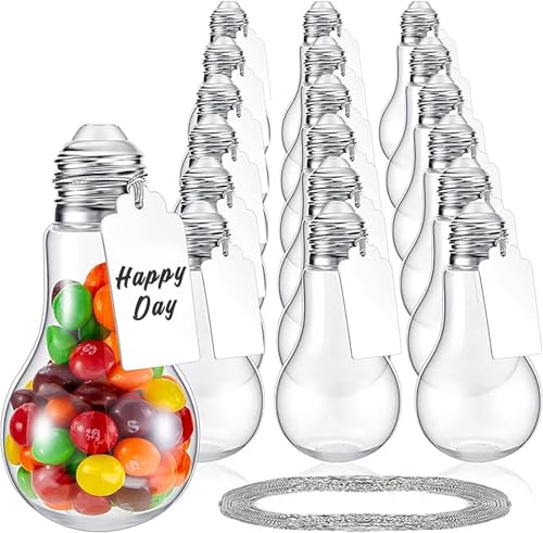 Tessco for you 48 Pieces 100 ml Plastic Light Bulb Jars with Card and String, Light Bulb Candy Containers Clear Candy Jars Fillable Lightbulb Ornaments for Birthday Crafts Party Favors(Silver)