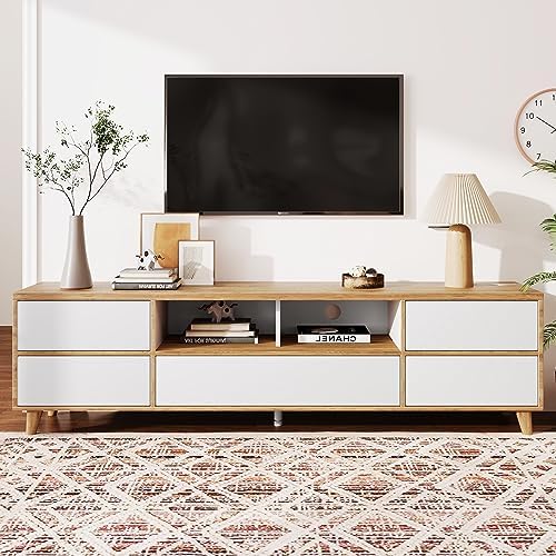 Shye White and wood TV cabinet with compartments and doors in a r...