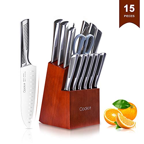 Kitchen Knife Sets, Cookit 15-Piece German Stainless Steel Chef Knives Set with Wooden Block