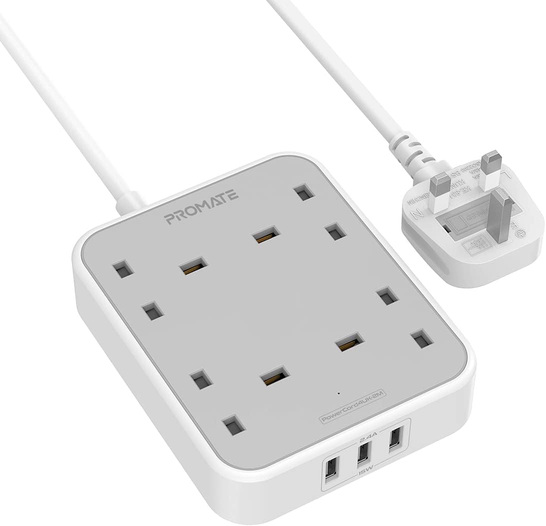 Promate Power Strip, Powerful 7-in-1 Wall Charger with 3250W 4 AC Outlets, 3 USB Intellicharge Ports, Over-Charge Protection and 2M Extension Cord for iPhone 12/Home/Office/iPad, PowerCord4UK