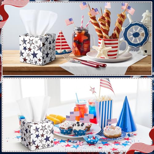 Image of Fourluoo 12 Pcs Patriotic Facial Tissues Cube Face Boxes 600 Sheets 3 Ply Red White Blue Square Tissue Bulk for Veterans Day Independence Car Bedroom Supply(Independence Day Star)
