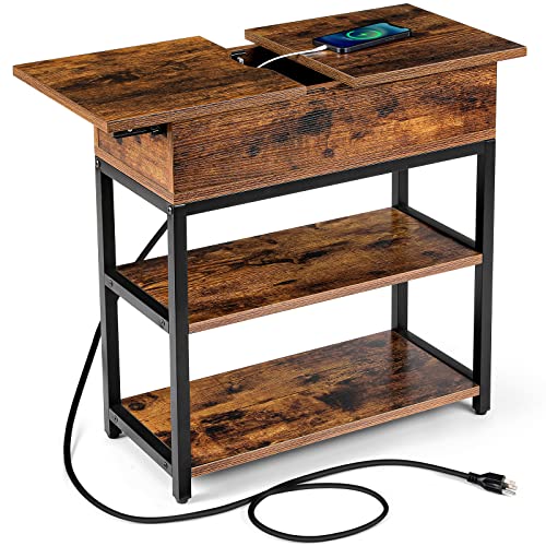 Image of End Table with USB Ports and Power Outlets, Slide Cover End Table with Charging Staion for Small Space, Narrow Bedside End Table Nightstand for Living Room Bedroom, Rustic Brown